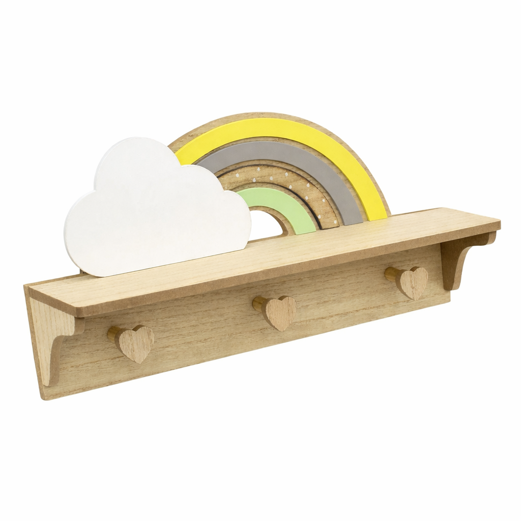Wooden shelf with cloud-shaped light, rainbow decoration, and heart-shaped hooks on a white background