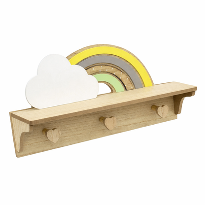 Wooden shelf with cloud-shaped light, rainbow decoration, and heart-shaped hooks on a white background