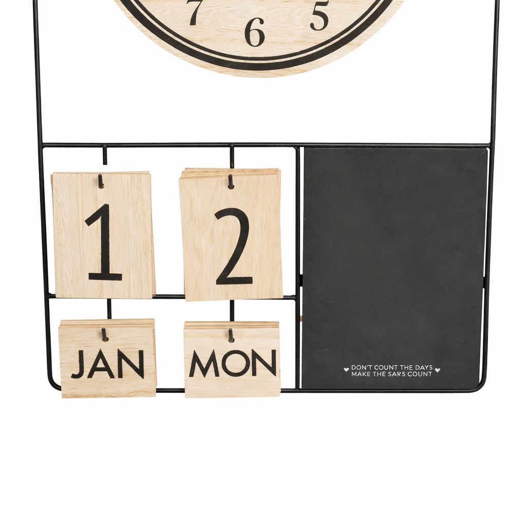 Wooden calendar blocks with a clock and blackboard on a white background