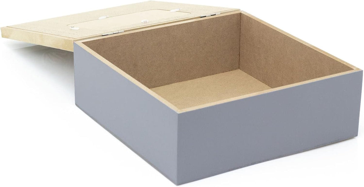 Gray storage box with a wooden lid on a white background