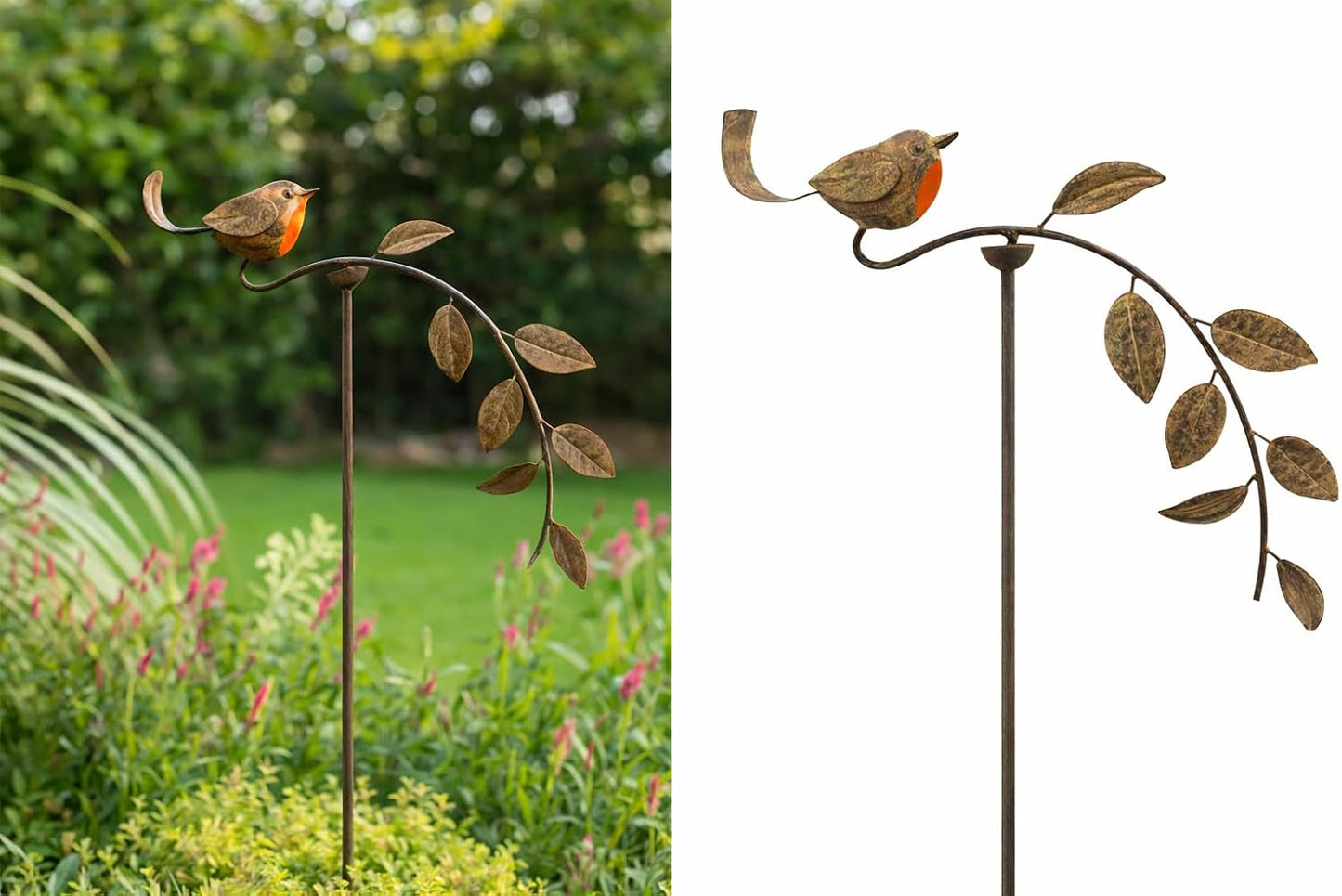 Metal garden stake with bird design in a garden setting