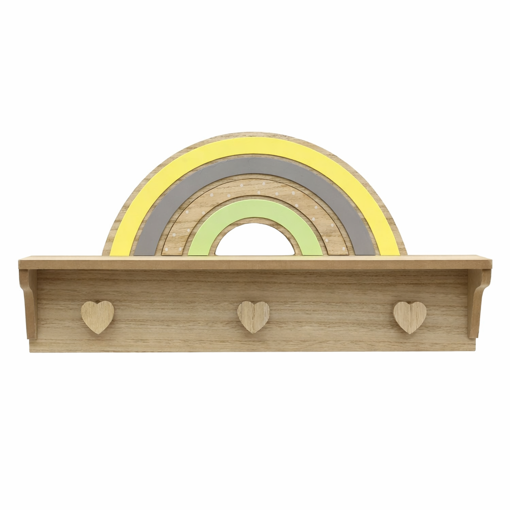 Wooden shelf with rainbow design and heart-shaped hooks on a white background
