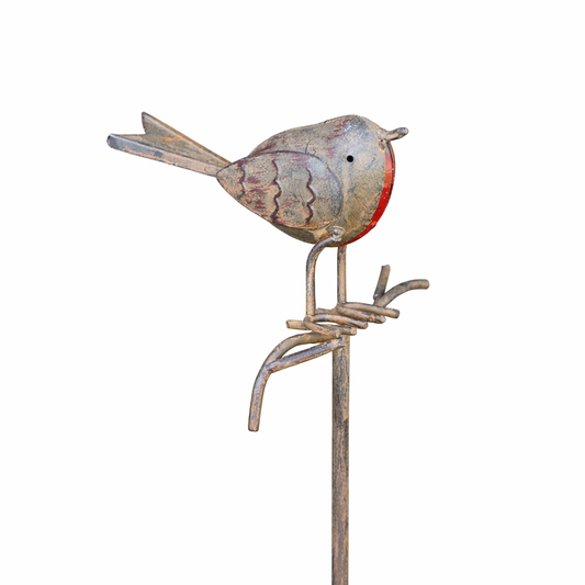 Decorative metal bird sculpture on a white background
