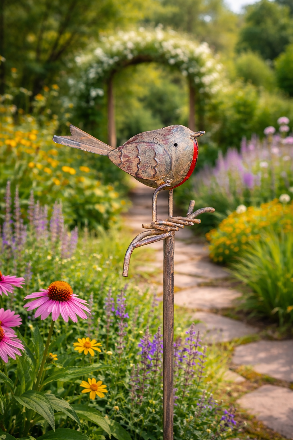 Decorative metal bird sculpture in a garden with flowers and a stone path.