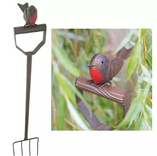 1.1m Rustic Metal Robin Garden Stake Ornament - Fork Design Plant Support - BerPar