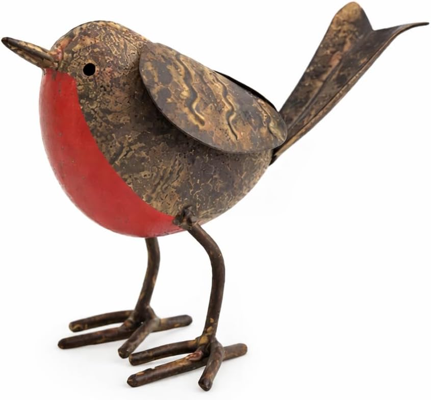 Metallic bird figurine with red breast and brown body on a white background