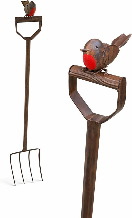 Decorative garden tools with robin bird designs on a white background