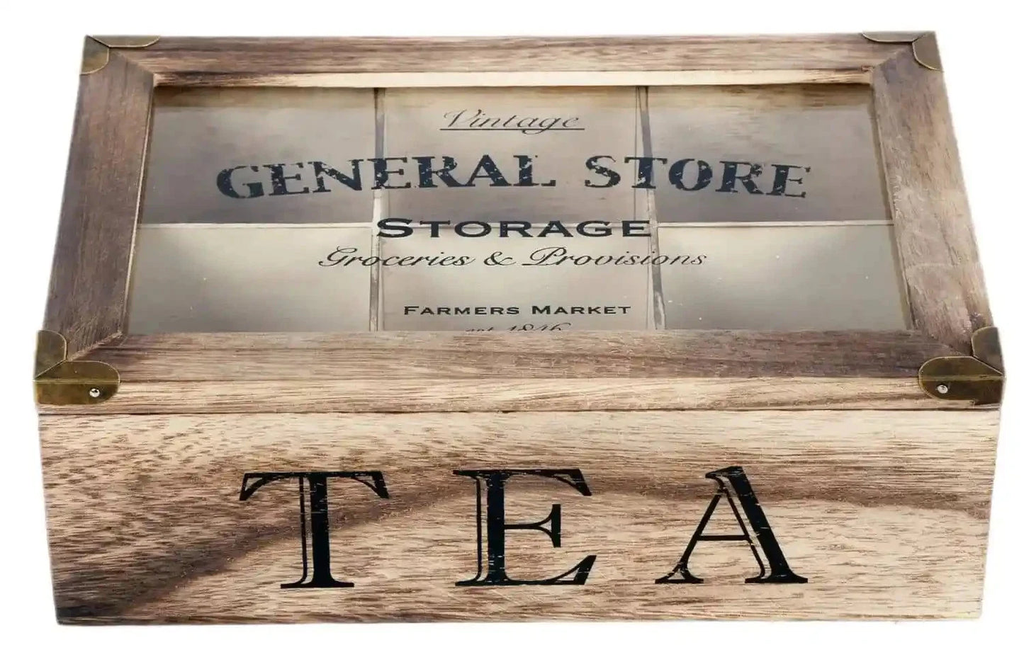 Wooden box with 'Vintage General Store Storage' and 'TEA' text on a white background