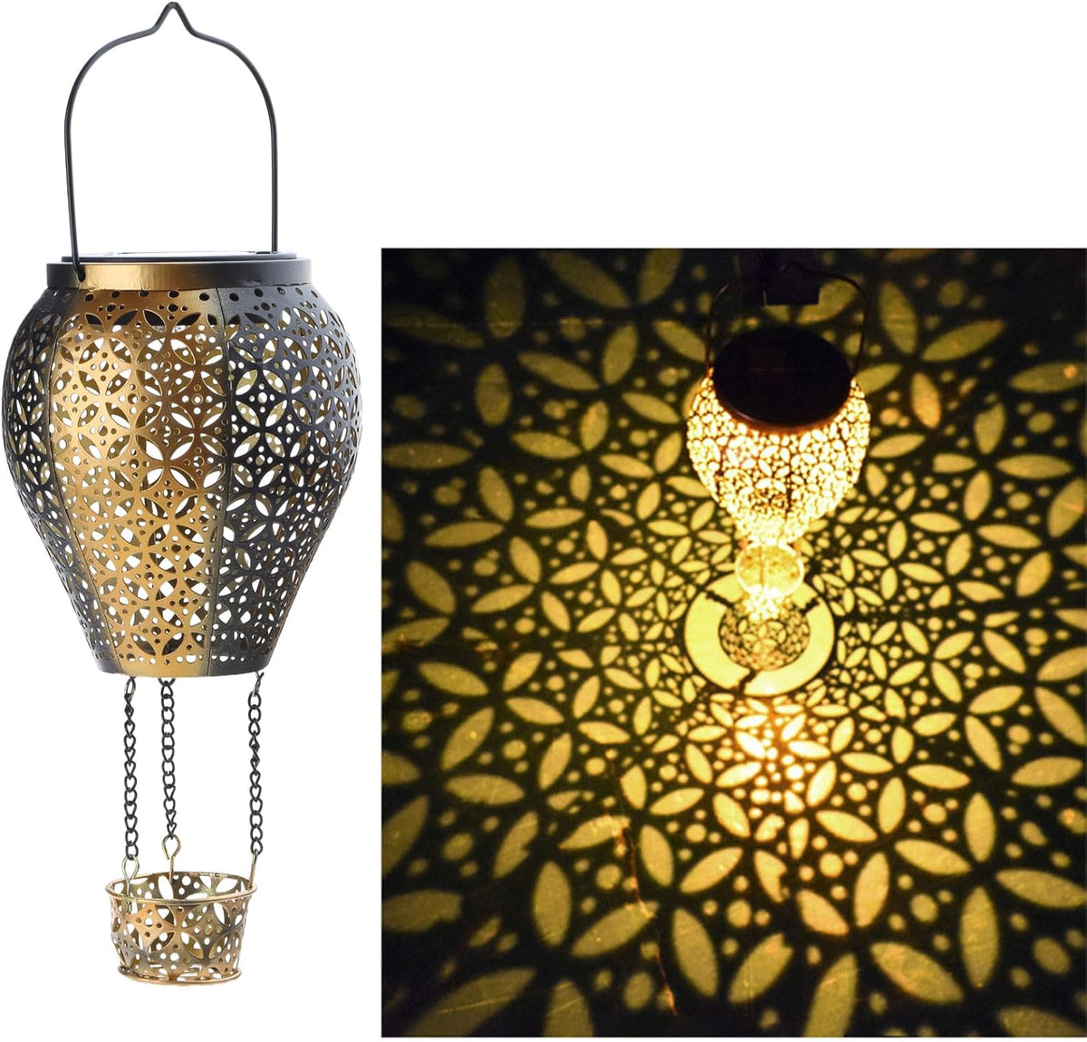 Hanging iron solar hot air balloon light in garden