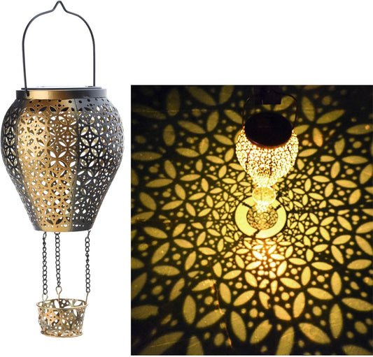 Hanging iron solar hot air balloon light in garden