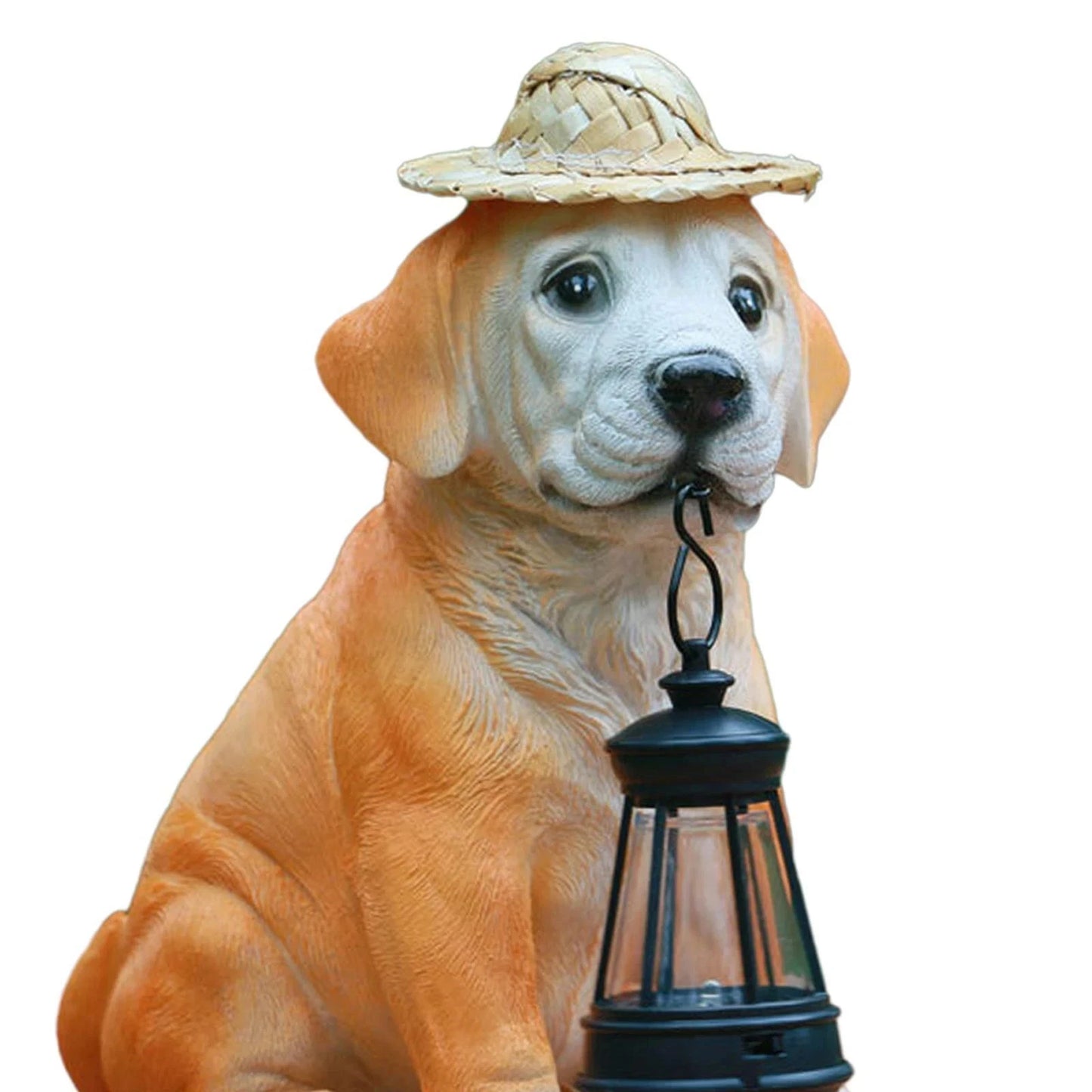 Dog-shaped solar light with a hat on a white background