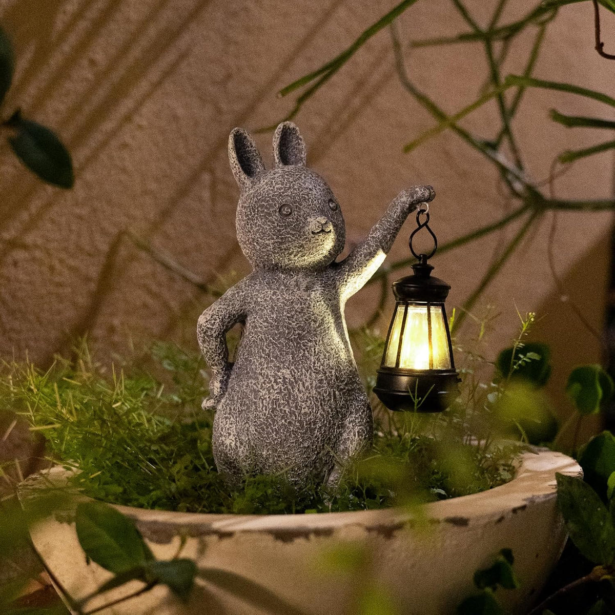 Solar rabbit outdoor decor displayed on porch