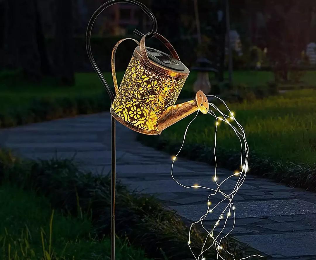 Solar Powered LED String Light Watering Can - Outdoor Garden Art Lamp with Hollow Design - BerPar