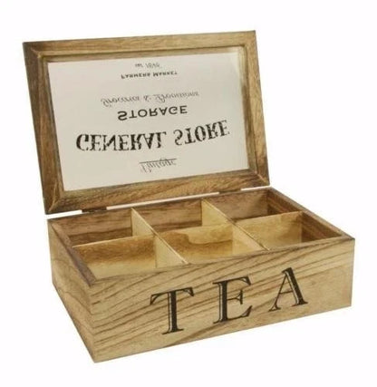 Wooden tea box with compartments and 'TEA' branding on a white background