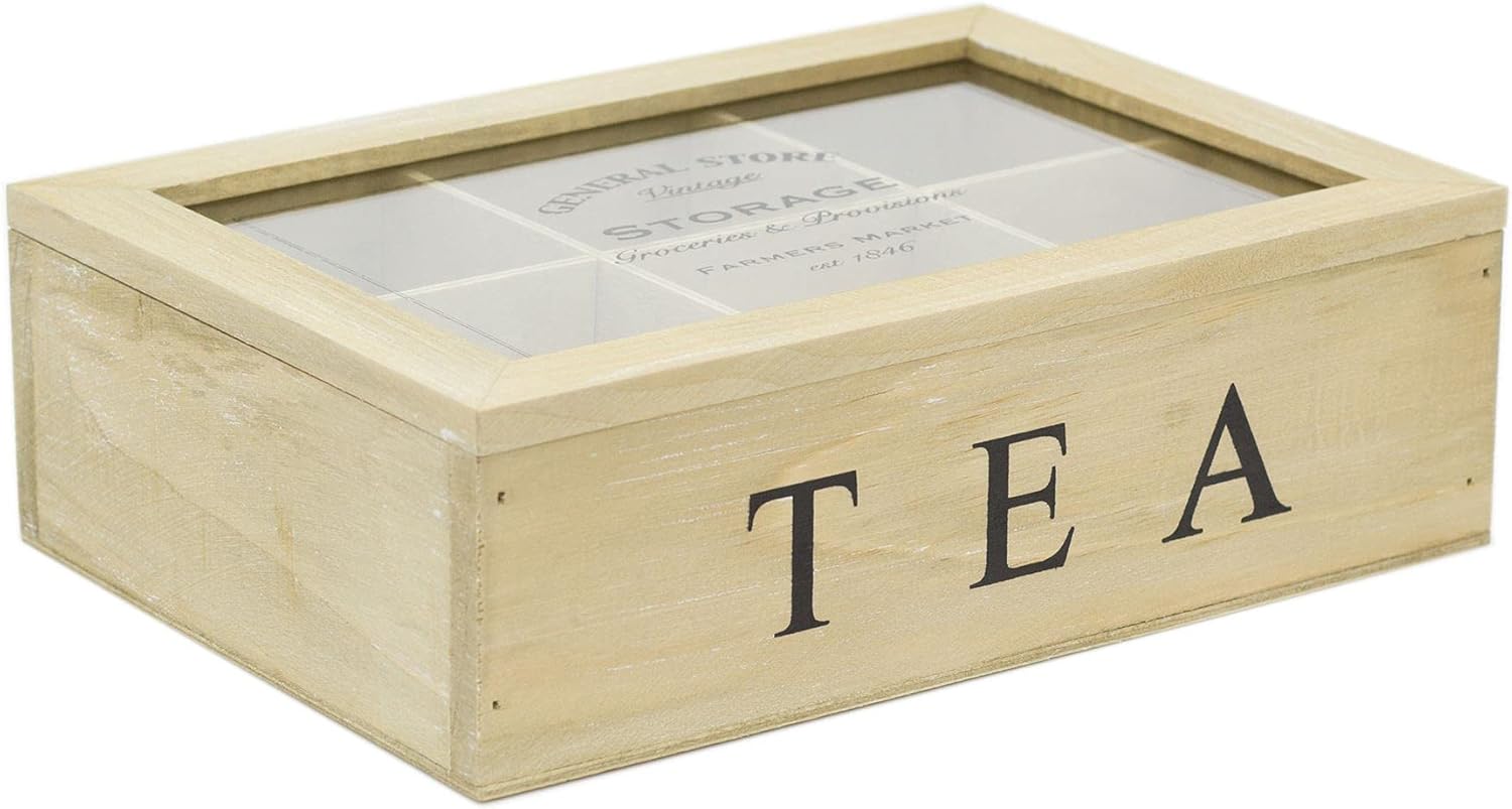 Wooden tea box with clear lid on a white background