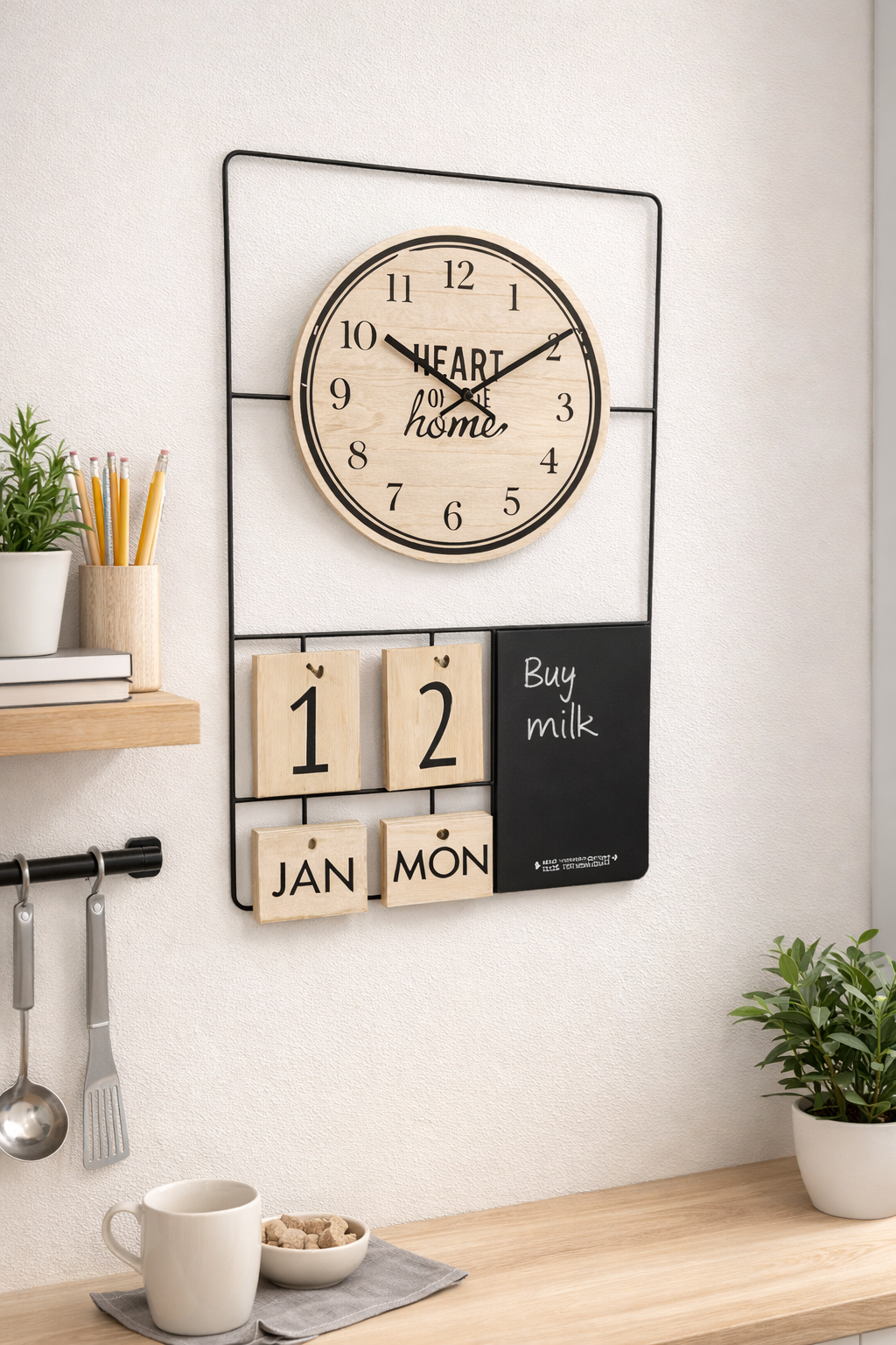 Wall clock with calendar and message board in a kitchen setting