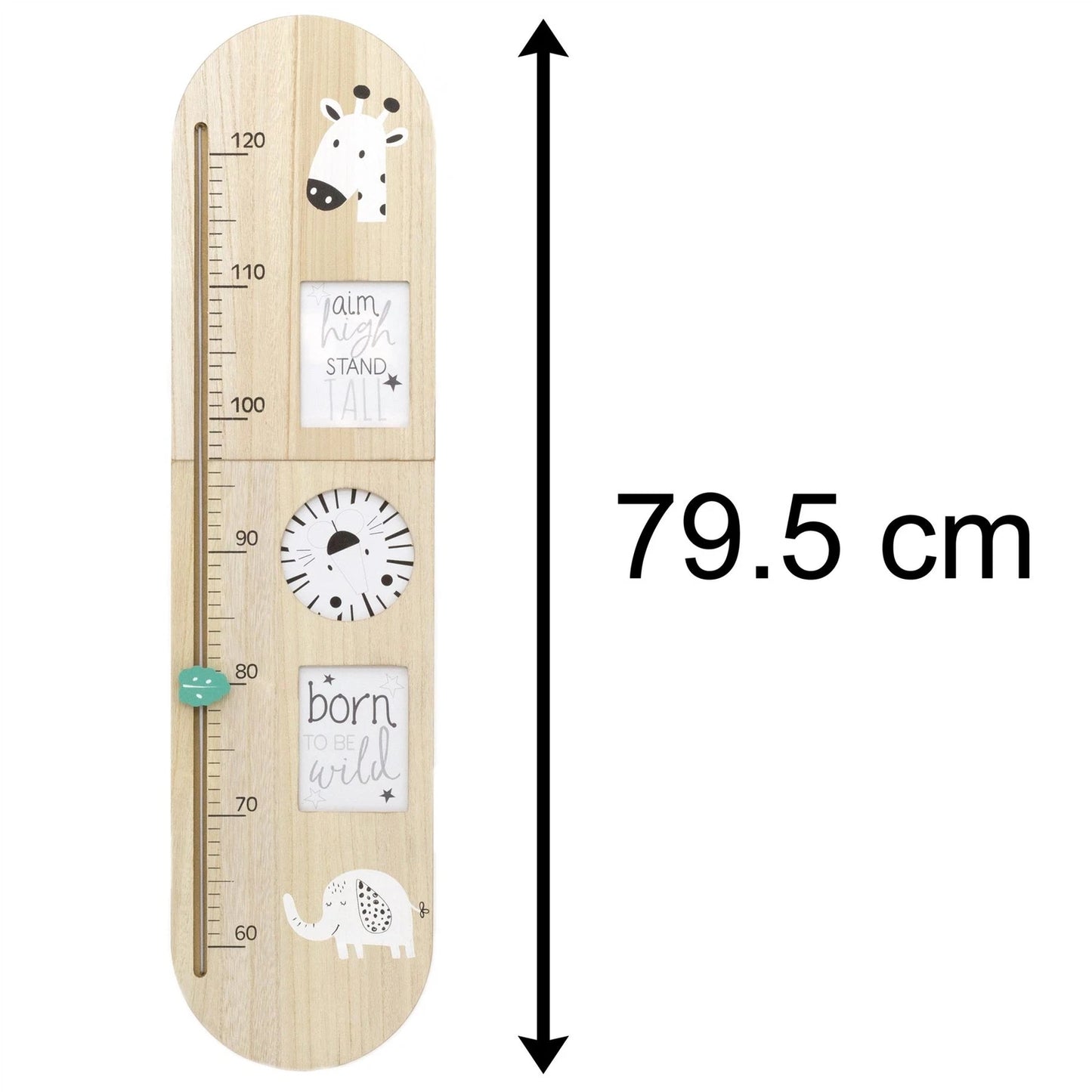 Wooden height chart with animal illustrations and text, 79.5 cm tall