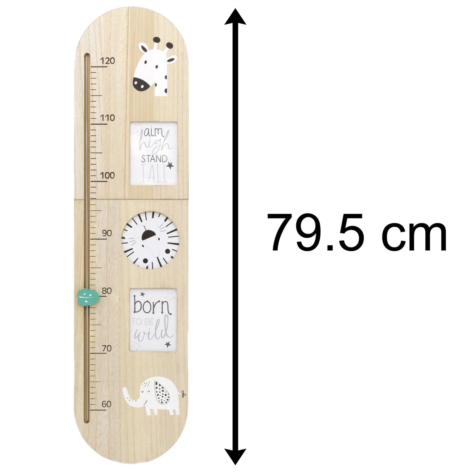 Wooden height chart with animal illustrations and text, 79.5 cm tall