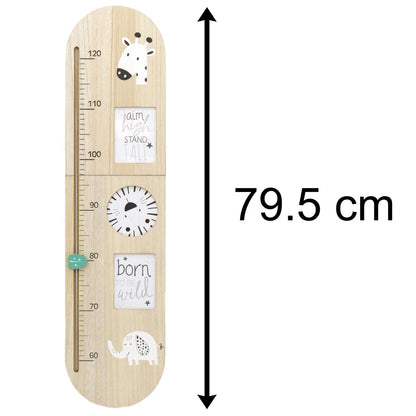 Wooden height chart with animal illustrations and text, 79.5 cm tall