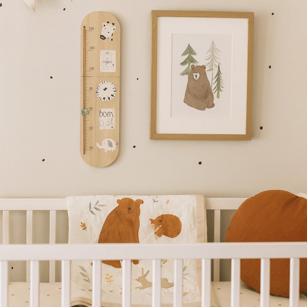 Nursery room with crib, growth chart, and framed picture of a bear and trees.