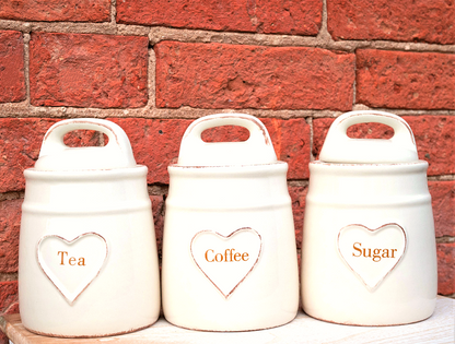 Ceramic Cream Heart Tea, Coffee & Sugar Jars