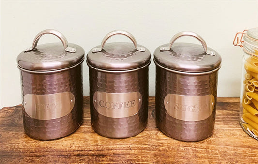 Grey Stainless Steel Tea, Coffee & Sugar, Tins