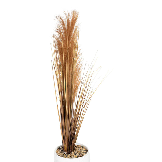 Artificial Grasses In A White Pot With Brown Feathers - 50cm