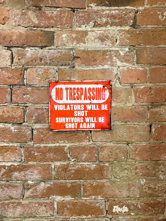 Metal Advertising Wall Sign - No Trespassing, Violators Will Be Shot, Survivors Will Be Shot Again