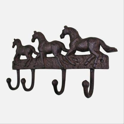 Rustic Cast Iron Wall Hooks, Three Horses