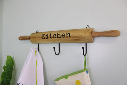 Kitchen Wall Hooks, 4 Hooks with a Rolling Pin Design