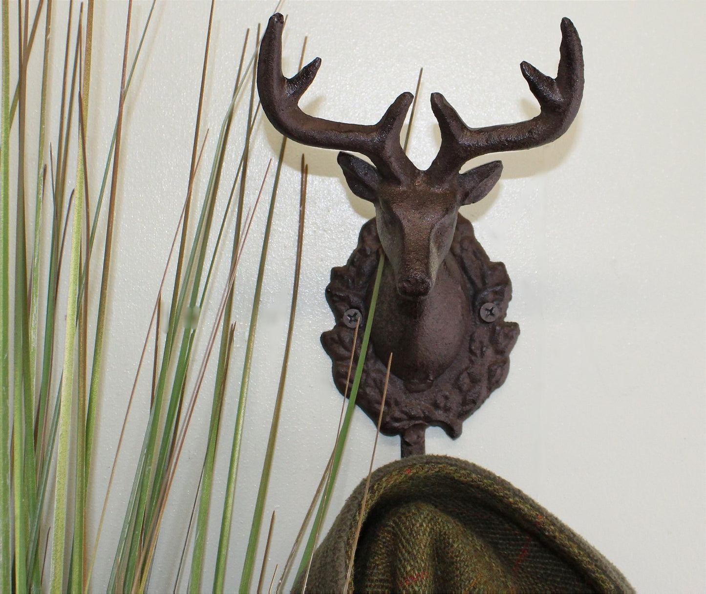 Rustic Cast Iron Wall Hooks, Single Stag Bust