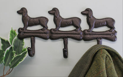 Rustic Cast Iron Wall Hooks, Sausage Dog Design With 3 Hooks