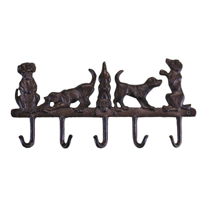 Rustic Cast Iron Wall Hooks, Playful Dog Design With 5 Hooks