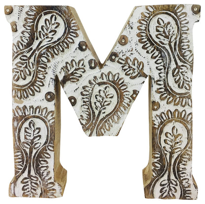 Hand Carved Wooden White Flower Letter M