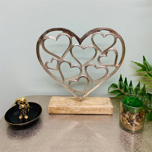 Metal Silver Hearts On A Wooden Base Small