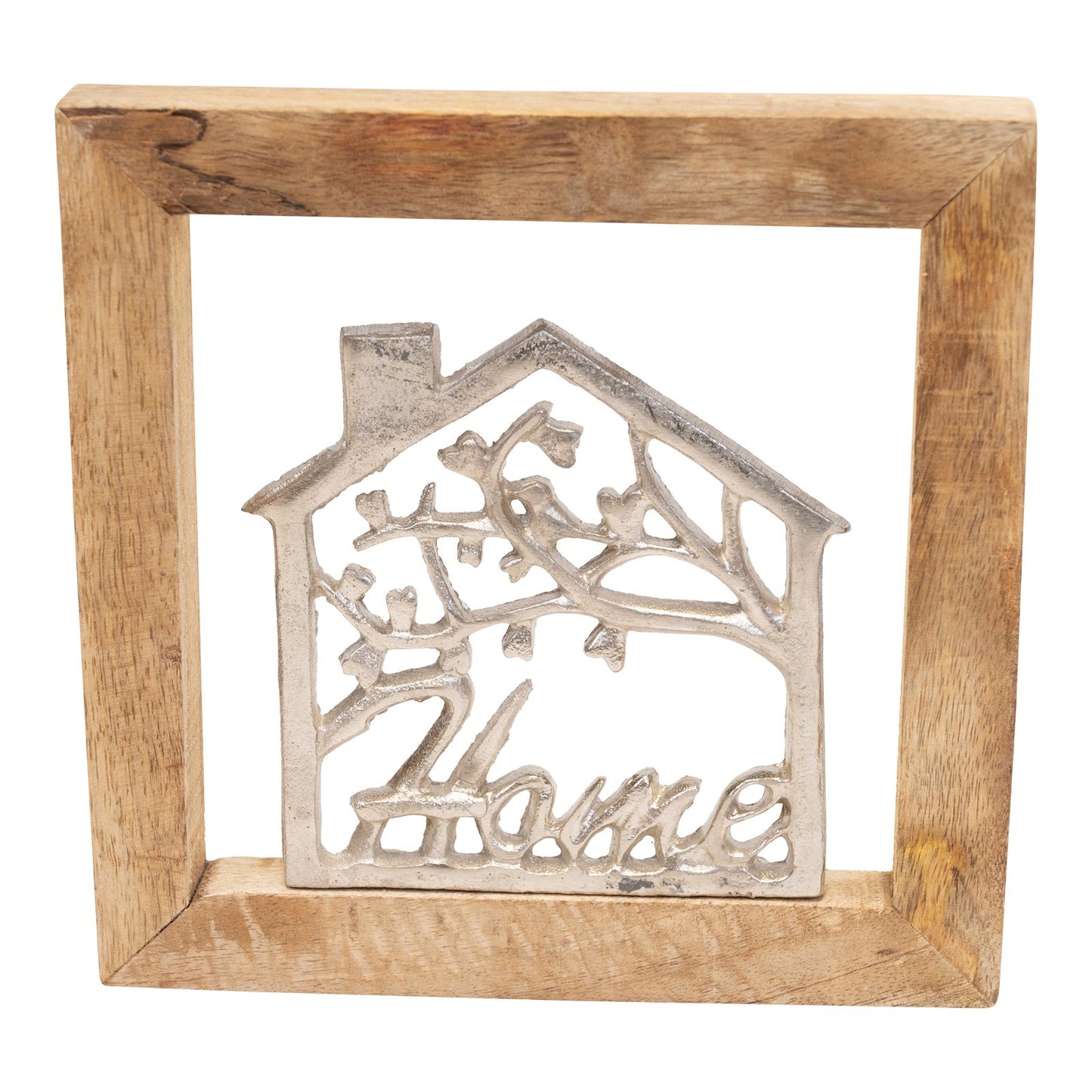 Wall Hanging Silver House In Wooden Frame 30cm