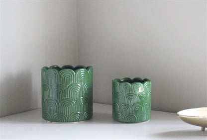 Set of Two Green Scalloped Planters