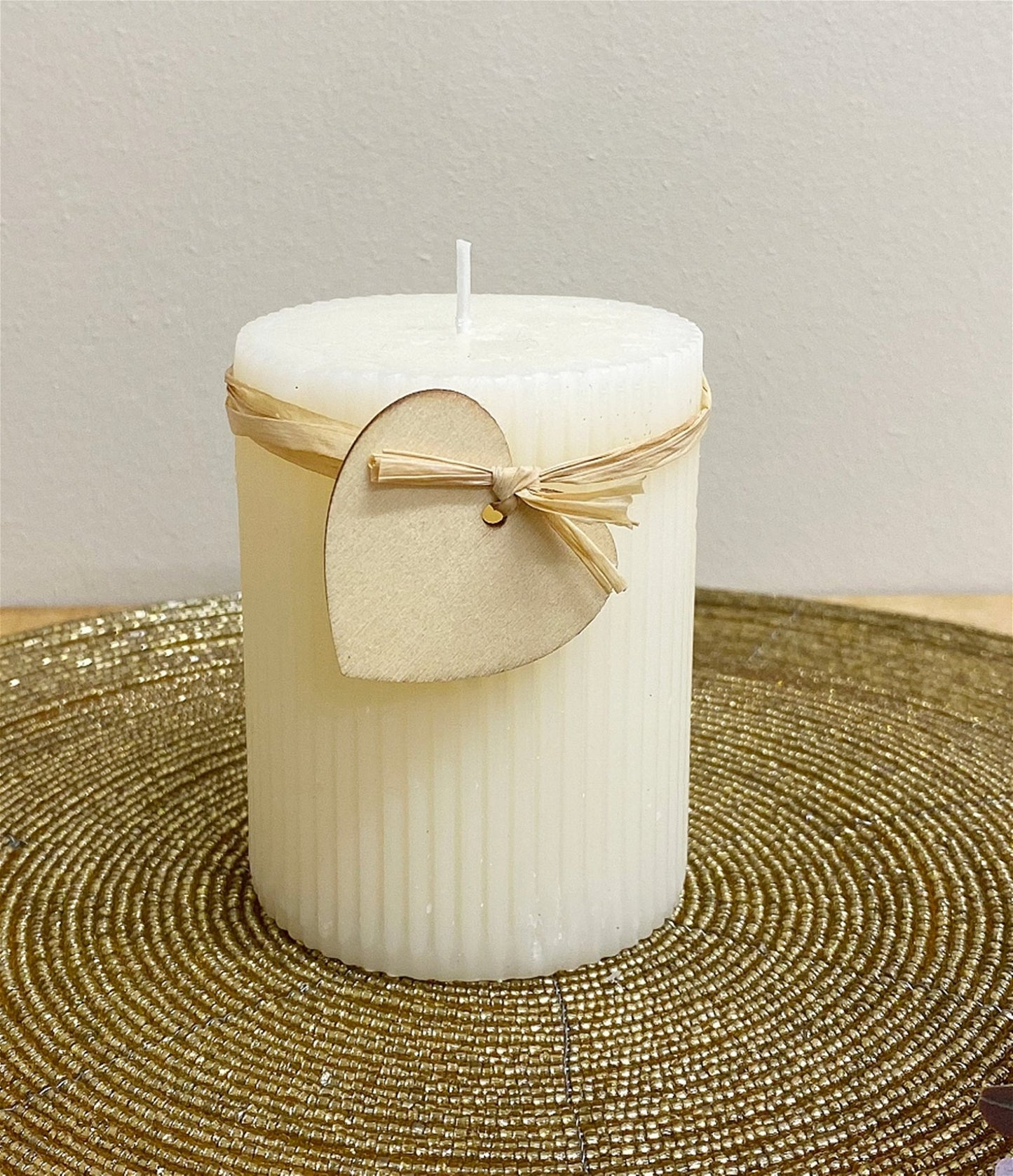 Small Cream Ridged Pillar Candle with Heart Decoration