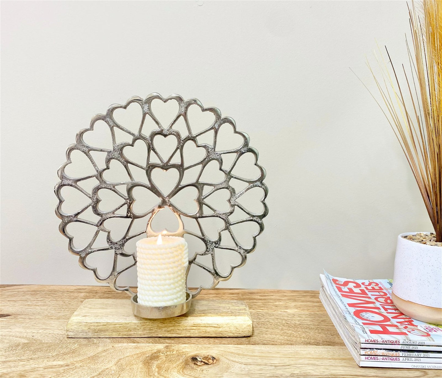 Heart Pattern Tealight Holder On Wooden Base