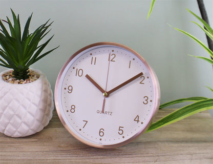 Rose Gold Metal Table Clock, 16cm diameter