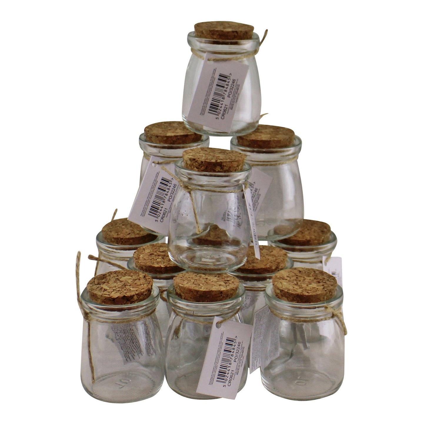 Set of 12 Small, Craft Storage Glass Jars With Cork Stoppers