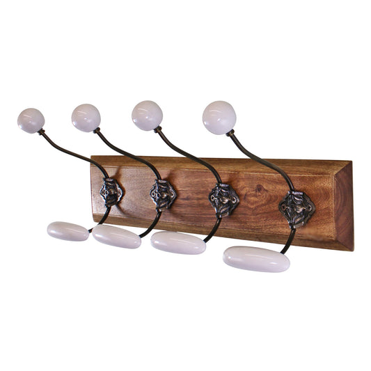 4 Double White Ceramic Coat Hooks On Wooden Base