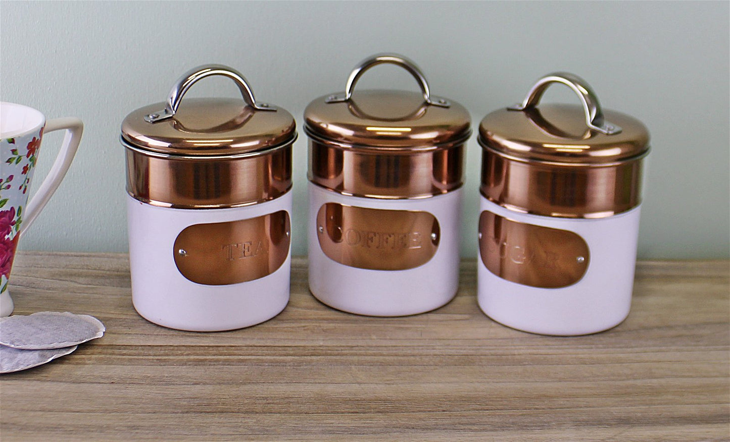 Set of 3 Tea, Coffee & Sugar Canisters, Copper & White Metal Design