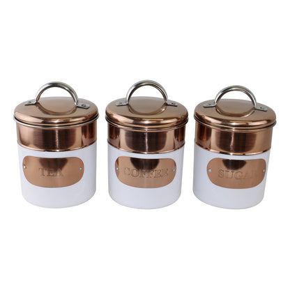 Set of 3 Tea, Coffee & Sugar Canisters, Copper & White Metal Design