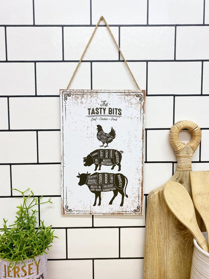 The Tasty Bits Wooden Hanging Plaque in White