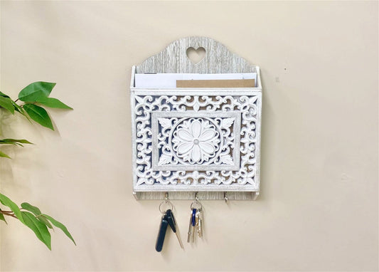 Grey Wooden 3 Hook Key Holder With Cutout Pattern Shelf