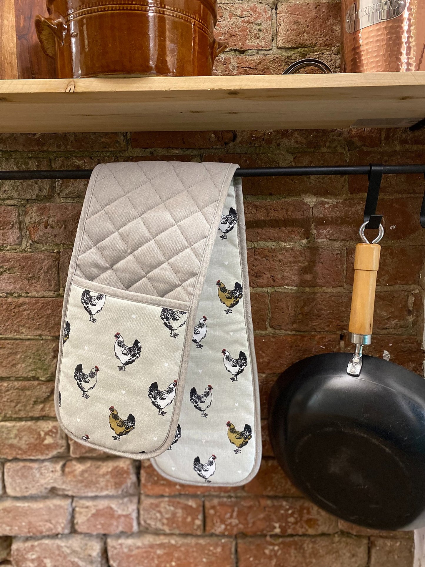 Double Oven Glove With A Chicken Print Design