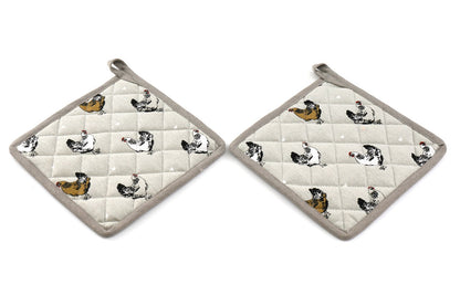 Two Pot Holders With A Chicken Print Design