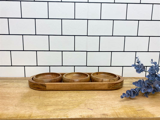 Set Of Three Bowls On Wooden Tray