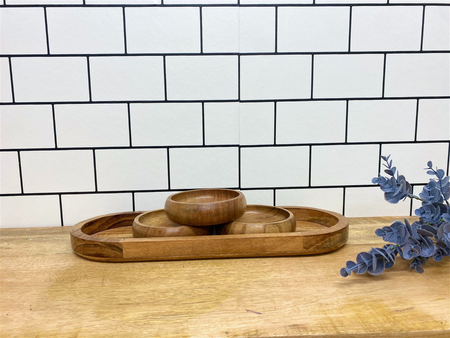 Set Of Three Bowls On Wooden Tray